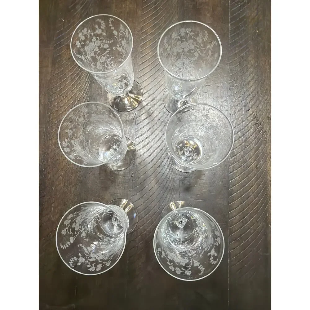 Set of 6 Vintage Etched Floral Wine Glasses Clear Stemware Elegant Barware